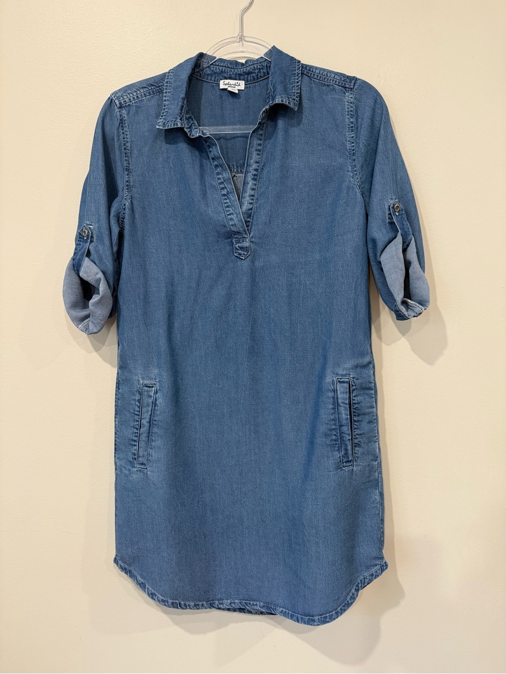 Splendid Blue Chambray Tunic Shirt Dress V-Neck Roll-Tab Sleeves Lyocell USA